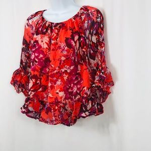 Lucky Brand sheer overlay long sleeve ruffle hem top S